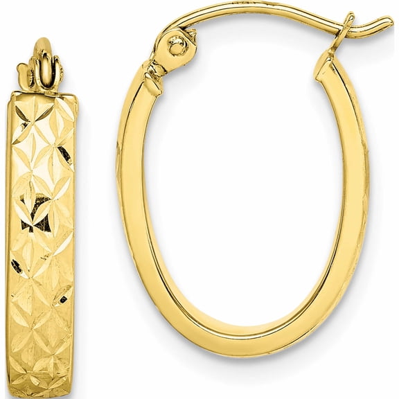 10K Yellow Gold Diamond Cut Oval Hoop Earrings (19 X 14) Made In Indonesia 10tc368