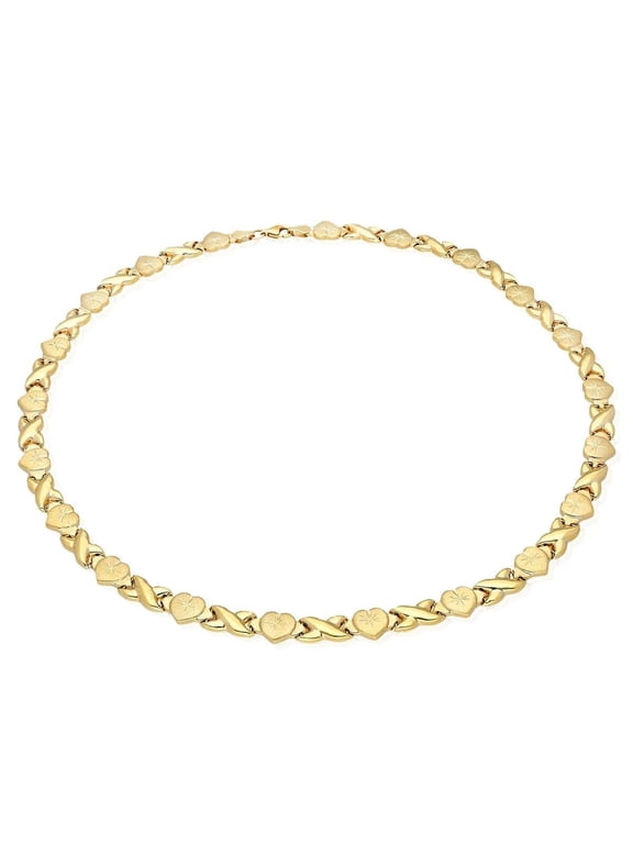10K Yellow Gold Diamond-Cut Satin Hearts & Kisses XO Necklace (Hollow) 17.5"