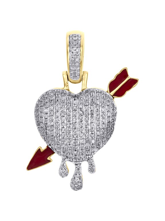 10K Yellow Gold Diamond Domed Heart & Bow Arrow Pendant 1.25" Pave Charm 1/2 CT.