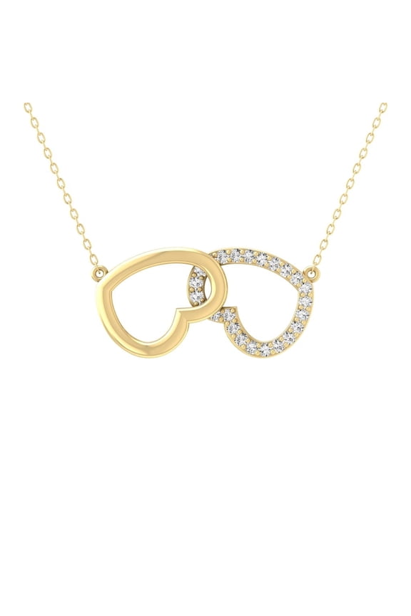 10K Yellow Gold Diamond Double Heart Pendant with Silver Yellow Plating Cable Chain Necklace 18" (1/8 cttw, I2-I3 Clarity, I-J Color)