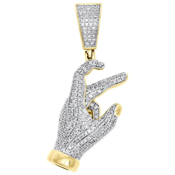 10K Yellow Gold Diamond Eastside Hand Sign Pendant 1.4" Mens Pave Charm 0.65 CT.