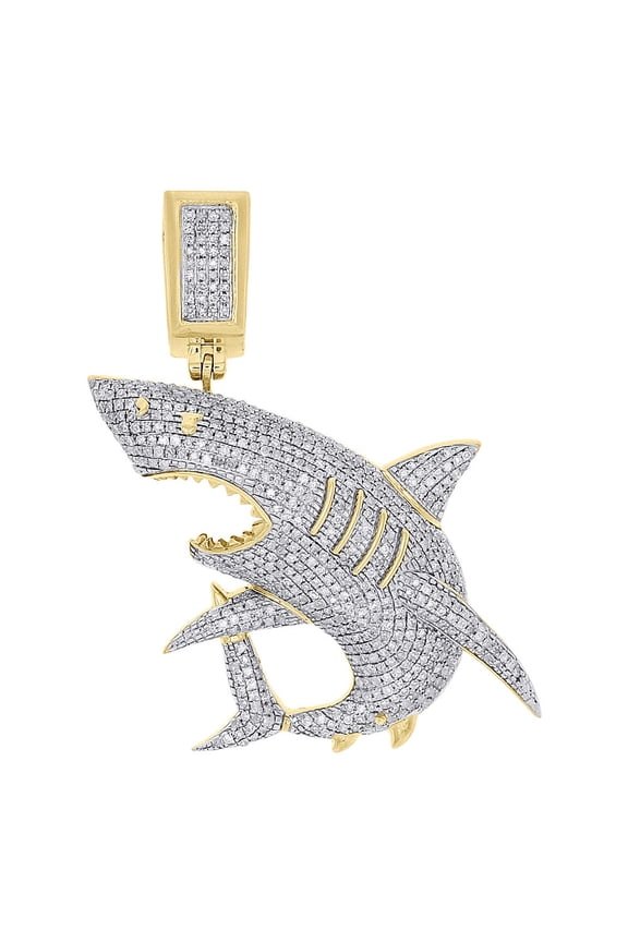 10K Yellow Gold Diamond Great White Shark Jaws Pendant 1.75" Mens Charm 1.39 Ct.