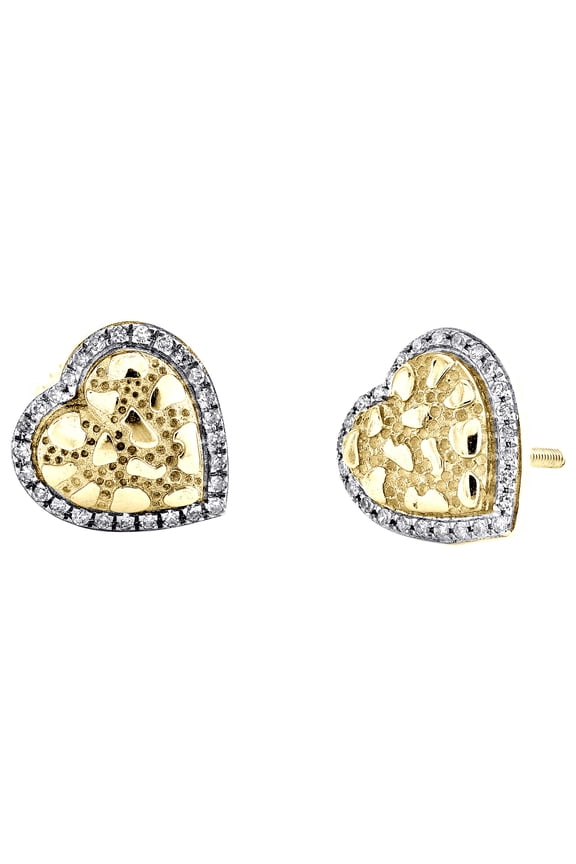 10K Yellow Gold Diamond Halo Domed Nugget Center Heart Stud Earrings 0.10 Ct.