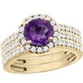 thumbnail image 1 of 10K Yellow Gold Diamond Halo Genuine Amethyst 3-Piece Bridal Ring Set Round 6mm size 10, 1 of 4