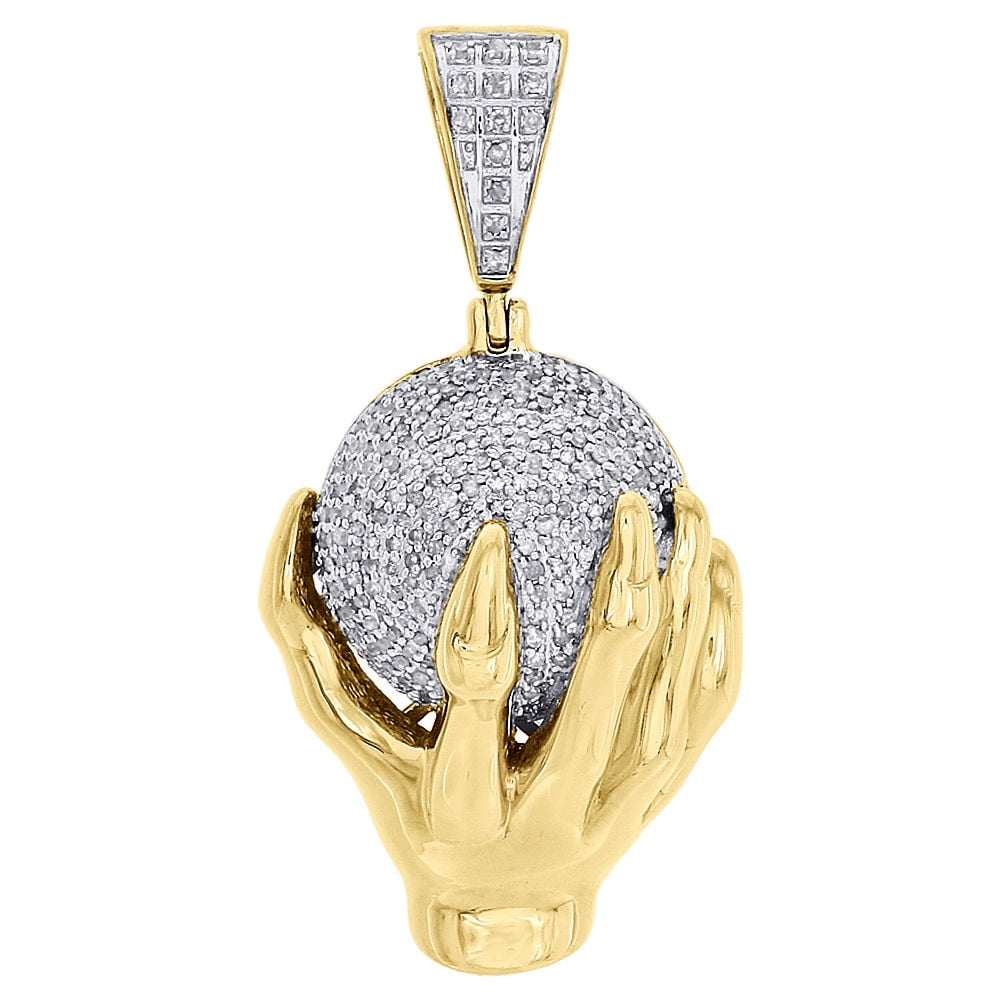 10K Yellow Gold Diamond Men's Hand Holding Globe / World Pendant 1.55" 0.75 Cttw