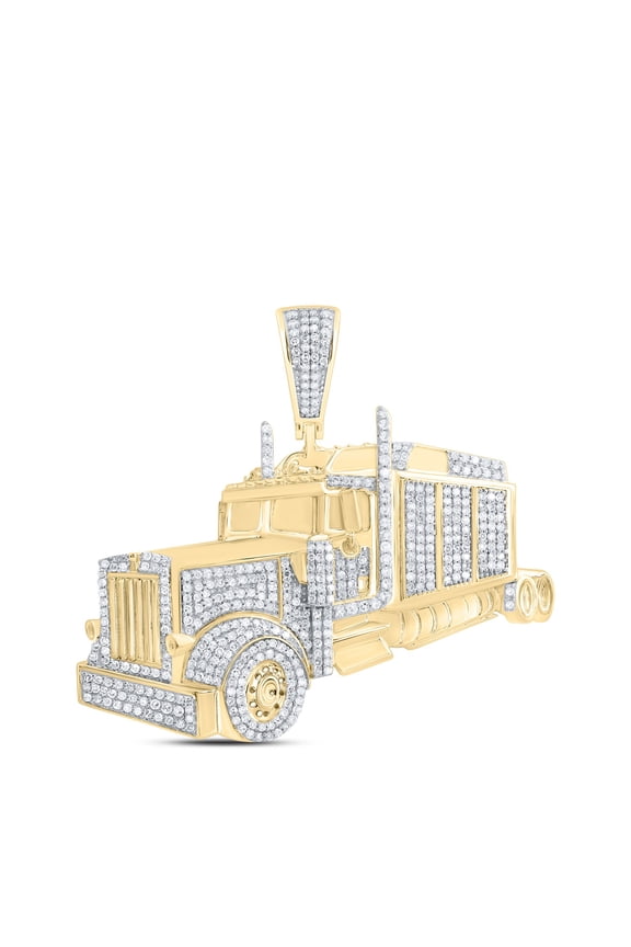 10K Yellow Gold Diamond Mens Big Rig 18 Wheeler Pendant Semi Truck Charm 1.75 CT