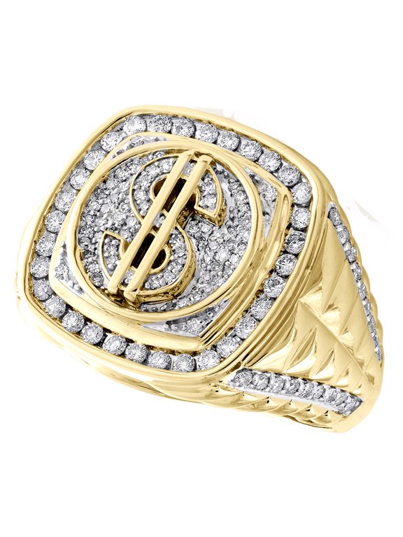 10K Yellow Gold Diamond Money / Dollar Sign Pinky Ring 19mm Statement Band 1 CT.