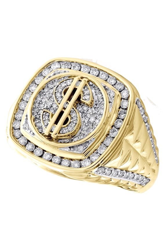 10K Yellow Gold Diamond Money / Dollar Sign Pinky Ring 19mm Statement Band 1 CT.