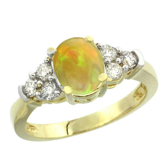 10K Yellow Gold Diamond Natural Ethiopian Opal Engagement Ring Oval 9x7mm, size 6.5