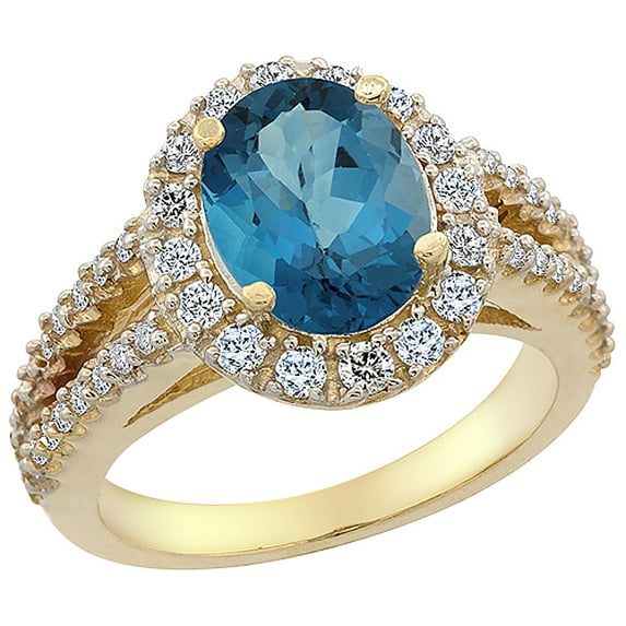 10K Yellow Gold Diamond Natural London Blue Topaz Engagement Ring Oval 10x8mm, size 5.5