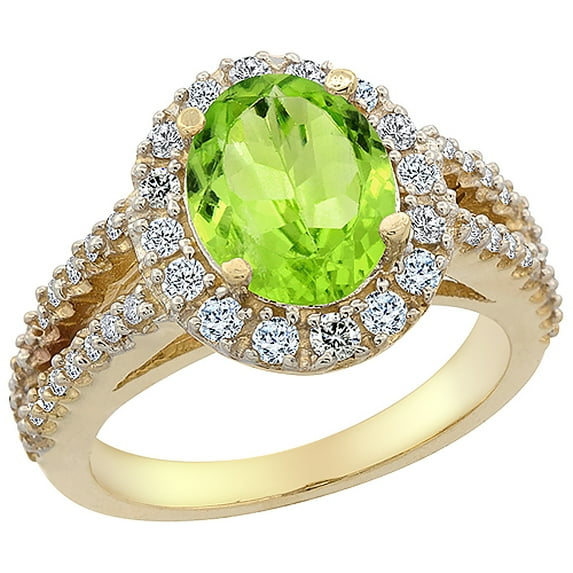 10K Yellow Gold Diamond Natural Peridot Engagement Ring Oval 10x8mm, size 7.5