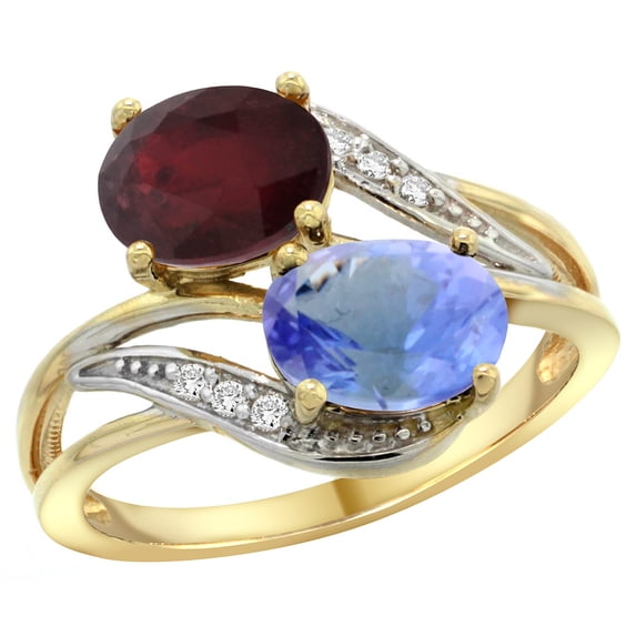 10K Yellow Gold Diamond Natural Quality Ruby & Tanzanite 2-stone Mothers Ring Oval 8x6mm, size 5.5