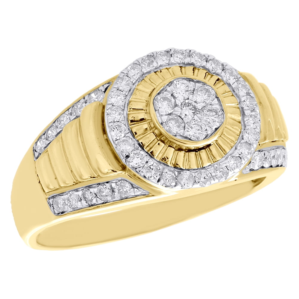 JFL DIAMONDS & TIMEPIECES 10K Yellow Gold Diamond Step Shank Statement Pinky Ring Fluted Bezel Band 3/4 CT