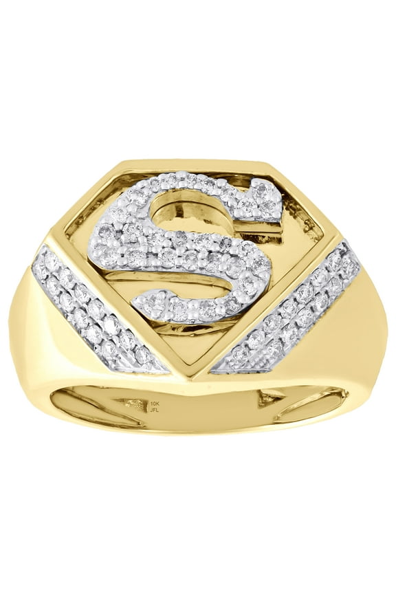 10K Yellow Gold Diamond Superman Logo Shield "S" Initial Pinky Ring Band 0.65 CT