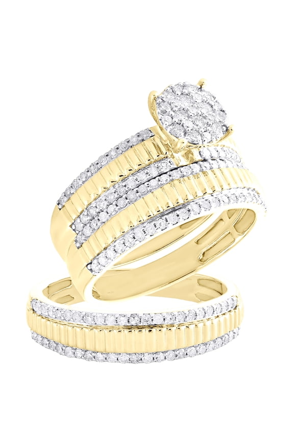 10K Yellow Gold Diamond Trio Set Circle Bridal Set + Fluted Wedding Band 1 CT
