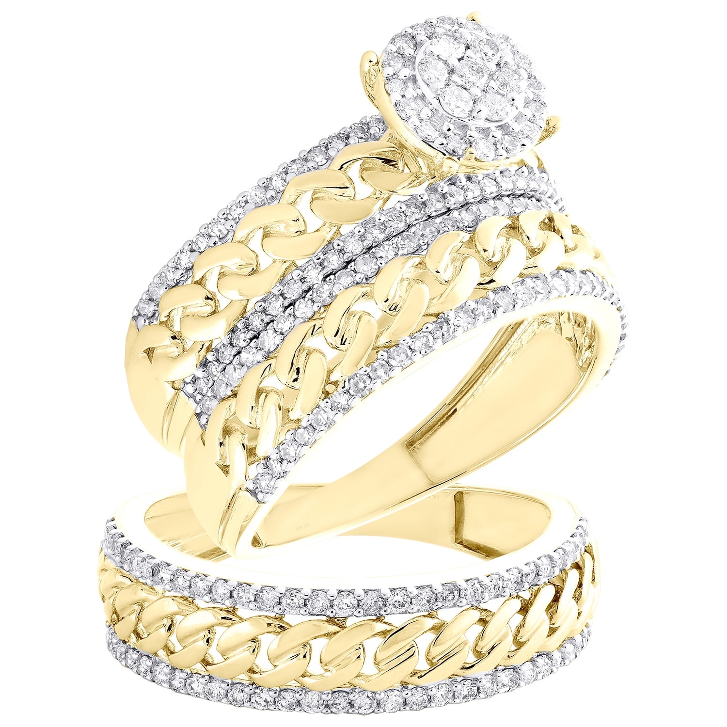 10K Yellow Gold Diamond Trio Set Cuban Link Bridal + Matching Wedding 10K Yellow Gold Diamond Trio Set Cuban Link Bridal + Matching Wedding