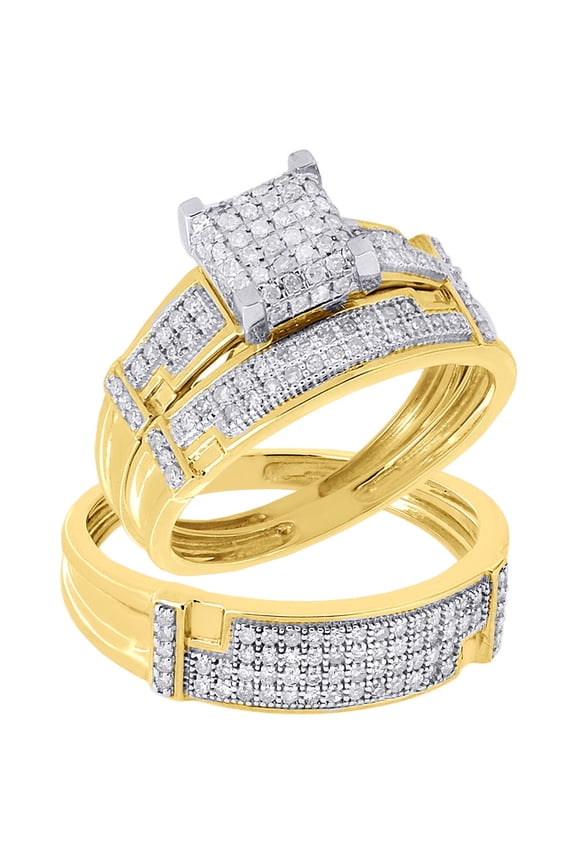 10K Yellow Gold Diamond Trio Set Matching Cube Engagement Ring & Band 1/2 Ct.
