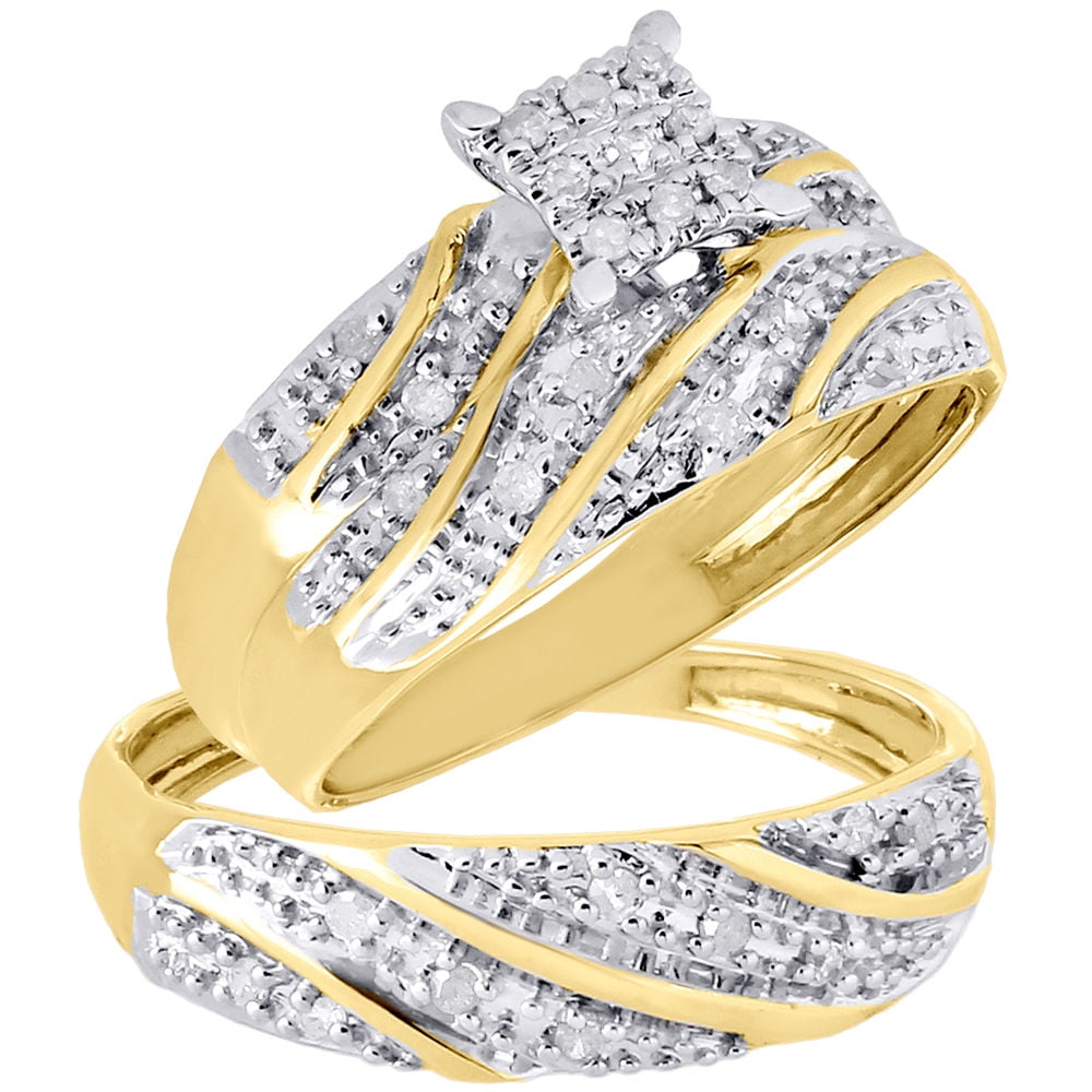 JFL DIAMONDS & TIMEPIECES 10K Yellow Gold Diamond Trio Set Matching Engagement Ring Wedding Band .27 Ct