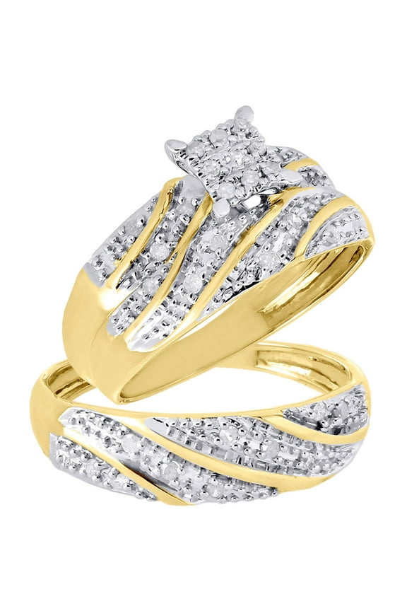 10K Yellow Gold Diamond Trio Set Matching Engagement Ring Wedding Band .27 Ct