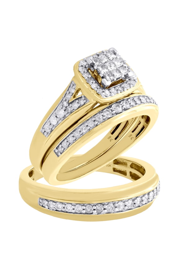 10K Yellow Gold Diamond Trio Set Matching Square Engagement Ring & Band 3/4 Ct.