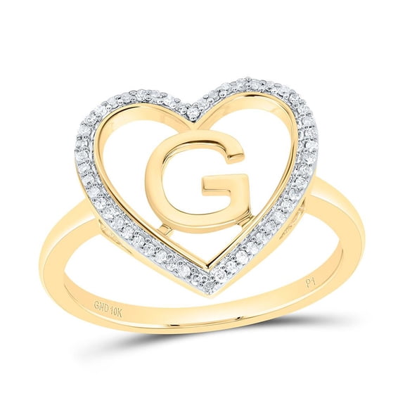 10K Yellow Gold Diamond Women's Block Letter G Initial Heart Frame Ring 1/10 CT