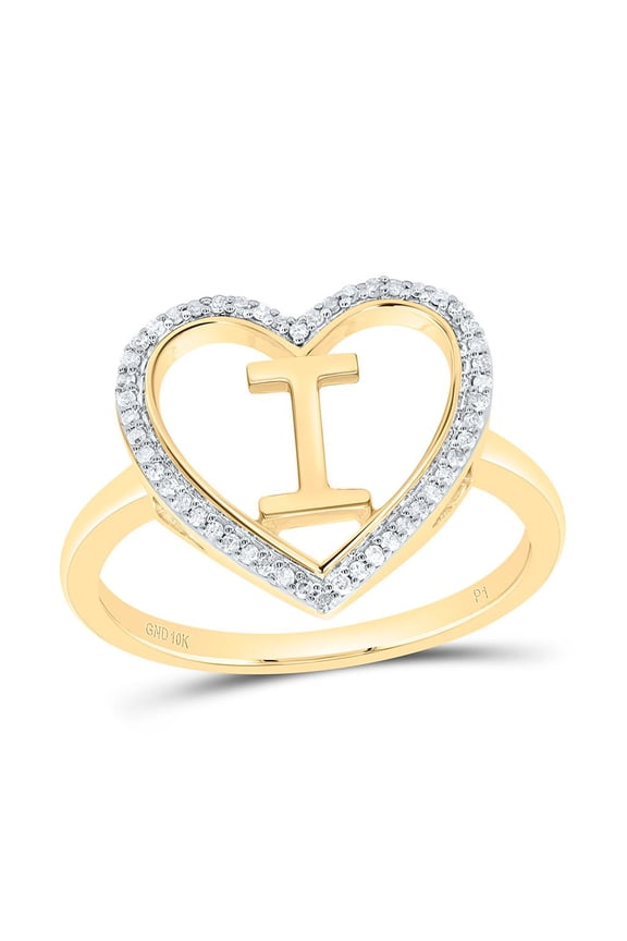 10K Yellow Gold Diamond Women's Block Letter I Initial Heart Frame Ring 1/10 CT