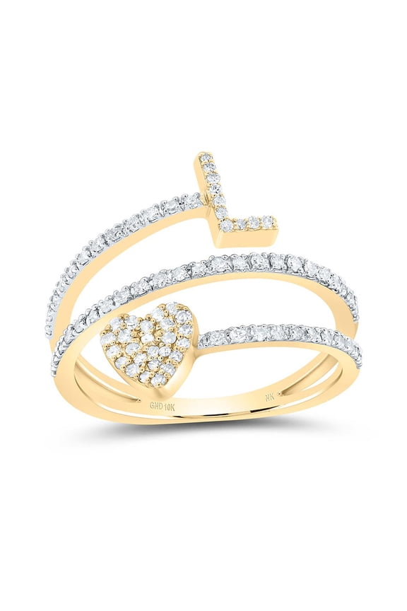 10K Yellow Gold Diamond Women's Block Letter L Initial & Heart Wrap Ring 3/8 CT