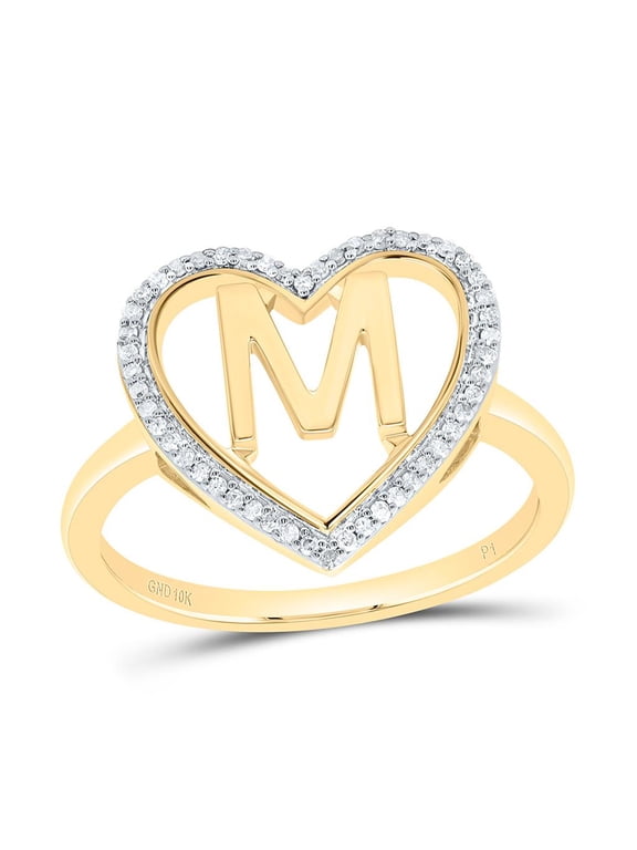 10K Yellow Gold Diamond Women's Block Letter M Initial Heart Frame Ring 1/10 CT