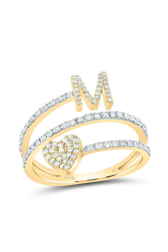 10K Yellow Gold Diamond Women's Block Letter M Initial & Heart Wrap Ring 3/8 CT
