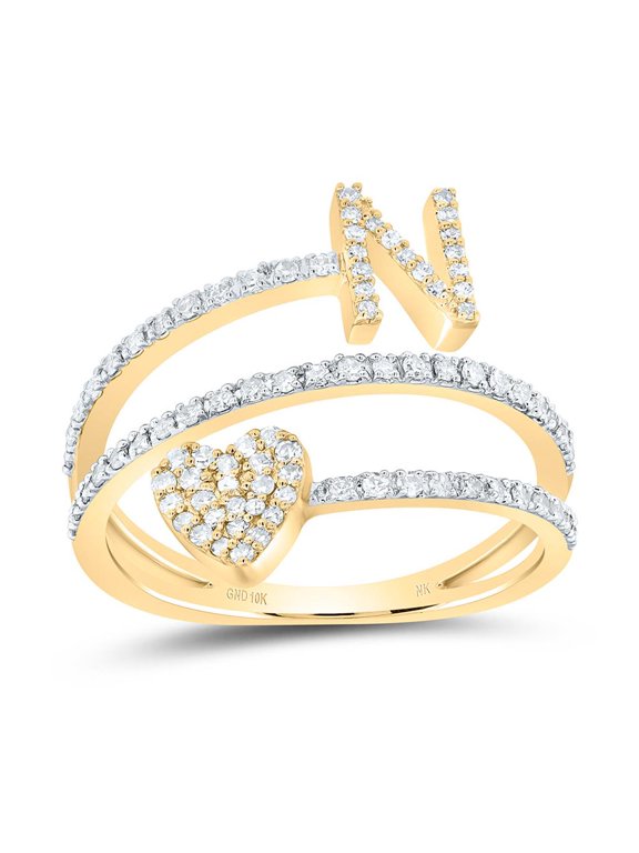 10K Yellow Gold Diamond Women's Block Letter N Initial & Heart Wrap Ring 3/8 CT