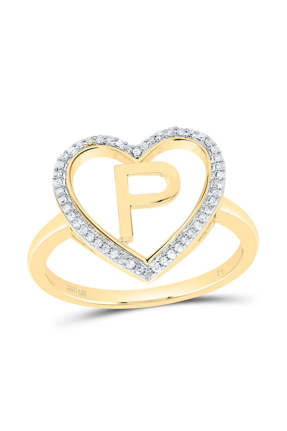 10K Yellow Gold Diamond Women's Block Letter P Initial Heart Frame Ring 1/10 CT