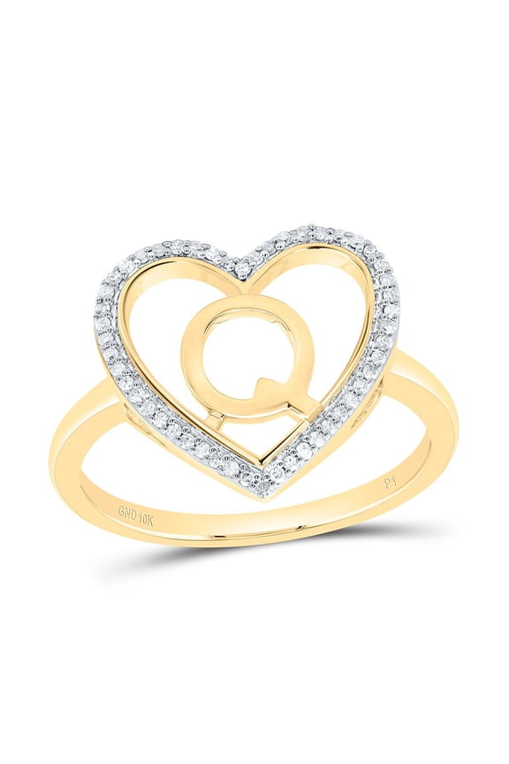 10K Yellow Gold Diamond Women's Block Letter Q Initial Heart Frame Ring 1/10 CT