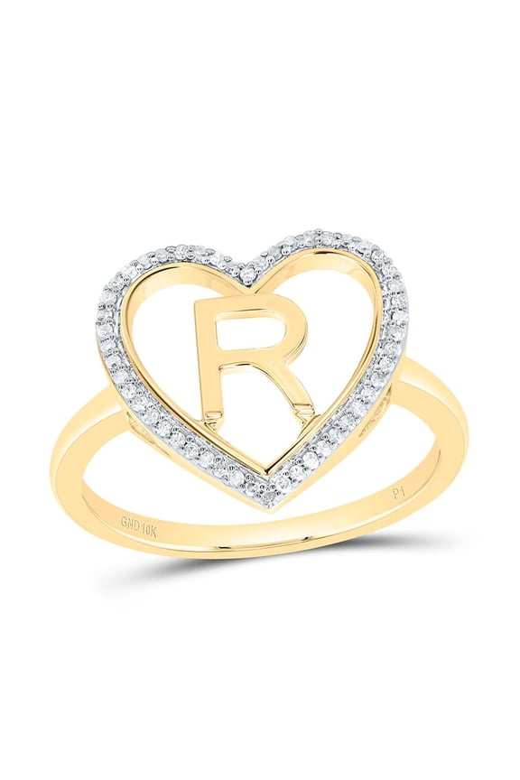10K Yellow Gold Diamond Women's Block Letter R Initial Heart Frame Ring 1/10 CT