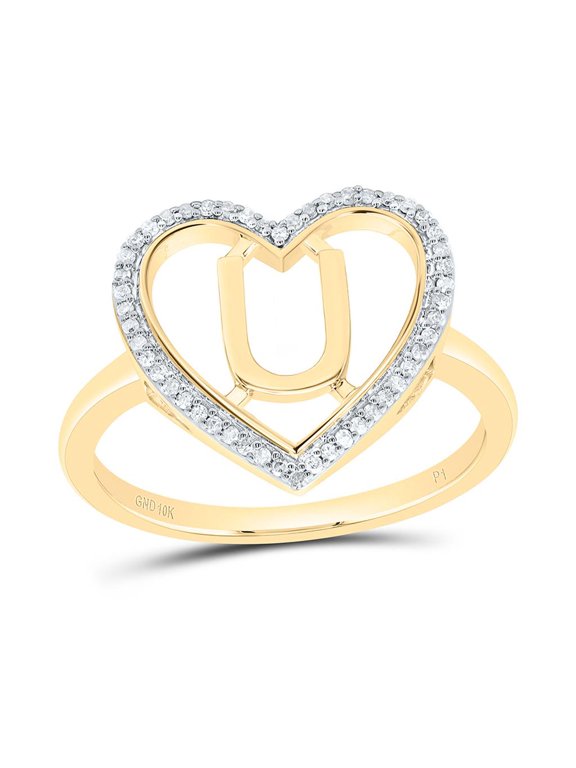10K Yellow Gold Diamond Women's Block Letter U Initial Heart Frame Ring 1/10 CT