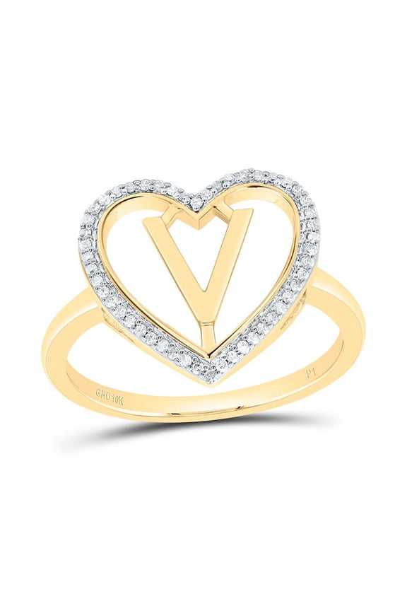 10K Yellow Gold Diamond Women's Block Letter V Initial Heart Frame Ring 1/10 CT