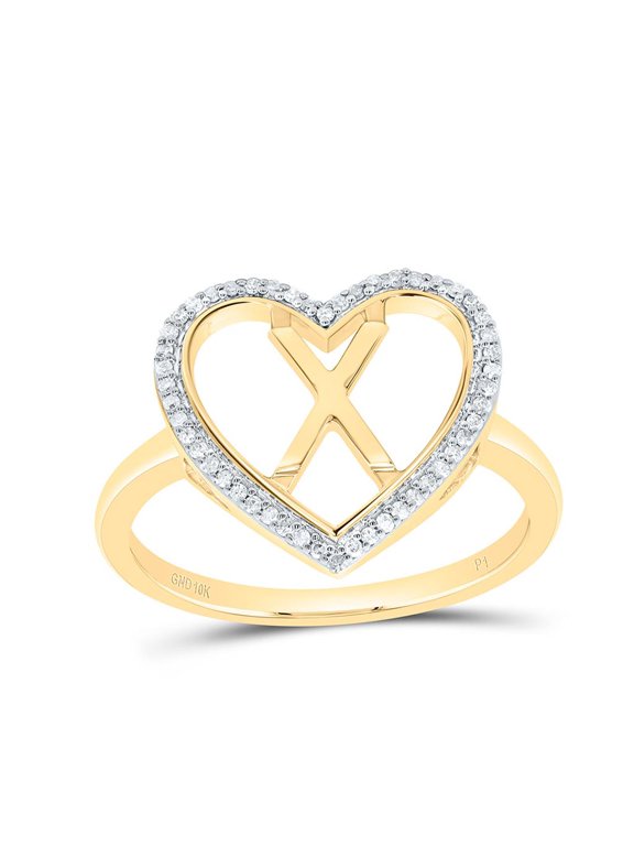 10K Yellow Gold Diamond Women's Block Letter X Initial Heart Frame Ring 1/10 CT