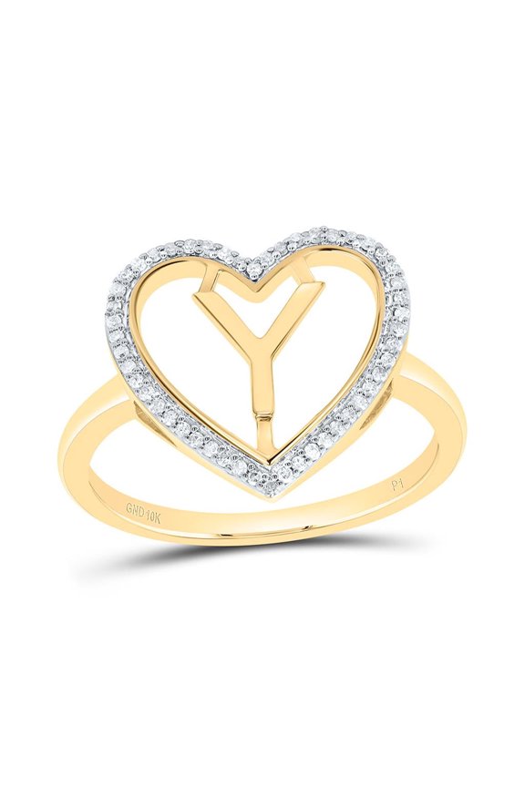 10K Yellow Gold Diamond Women's Block Letter Y Initial Heart Frame Ring 1/10 CT