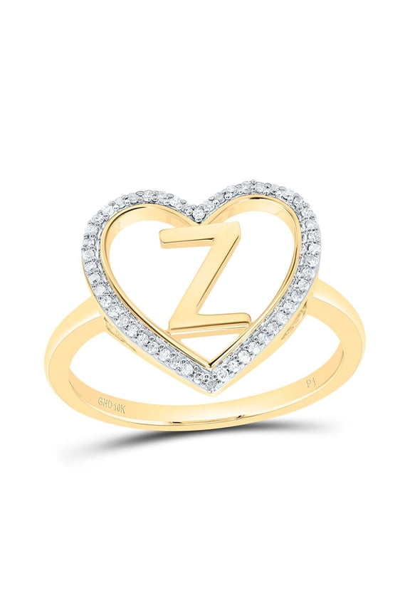 10K Yellow Gold Diamond Women's Block Letter Z Initial Heart Frame Ring 1/10 CT