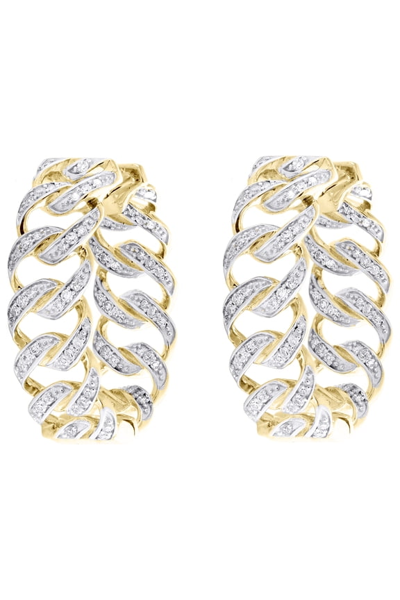 10K Yellow Gold Diamond Women's Cuban Chain 8mm In & Out Hoop Earrings 1/2 CT
