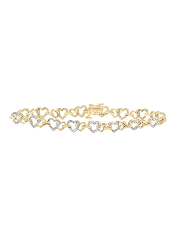 10K Yellow Gold Diamond Women's Interlocked Heart Tennis Bracelet 1/4 CT | 7.25"