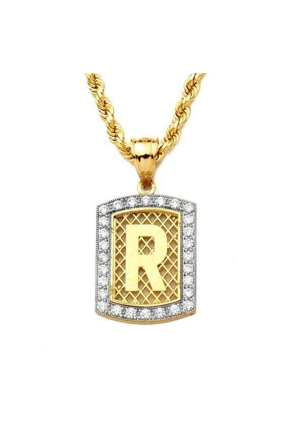 10K Yellow Gold Dog Tag Initials Charm Pendant w/CZ Border (Available from A-Z) (R)