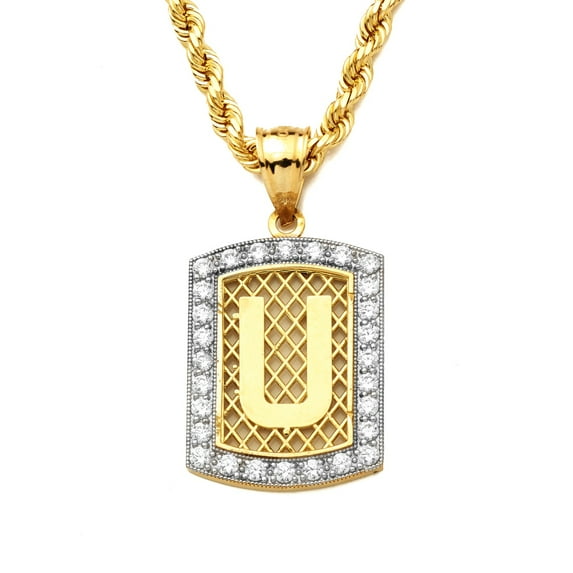 10K Yellow Gold Dog Tag Initials Charm Pendant w/CZ Border (Available from A-Z) (U)