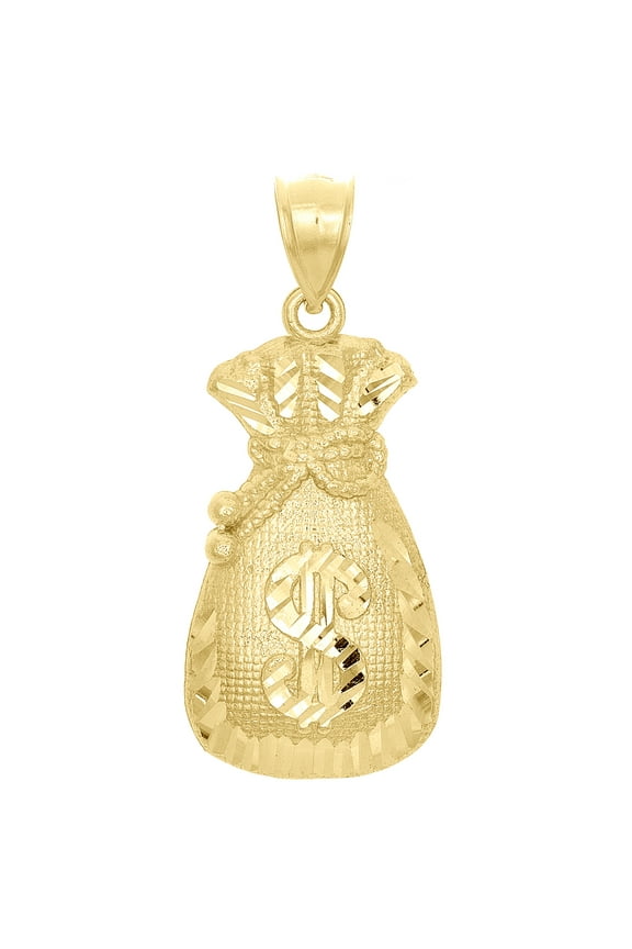 10K Yellow Gold Dollar Sign Diamond Cut Money Bag Pendant 1.65" Statement Charm