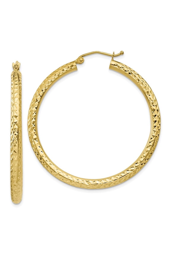 10K Yellow Gold Earring Hoop Women'S 35 mm 3 Diamond-Cut 3Mm Round Earrings