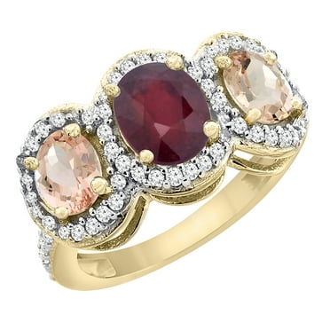 10K Yellow Gold Enhanced Ruby & Natural Morganite 3-Stone Ring Oval Diamond Accent, size 7