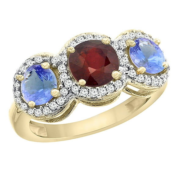 10K Yellow Gold Enhanced Ruby & Tanzanite Sides Round 3-stone Ring Diamond Accents, size 6.5