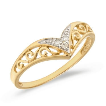 10K Yellow Gold Filigree Band Diamond Chevron Ring