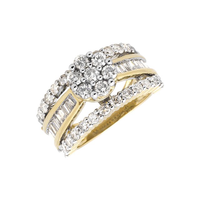 10K Yellow Gold Flower Cluster Round/Baguette Diamond Engagement Ring 3.0ct.