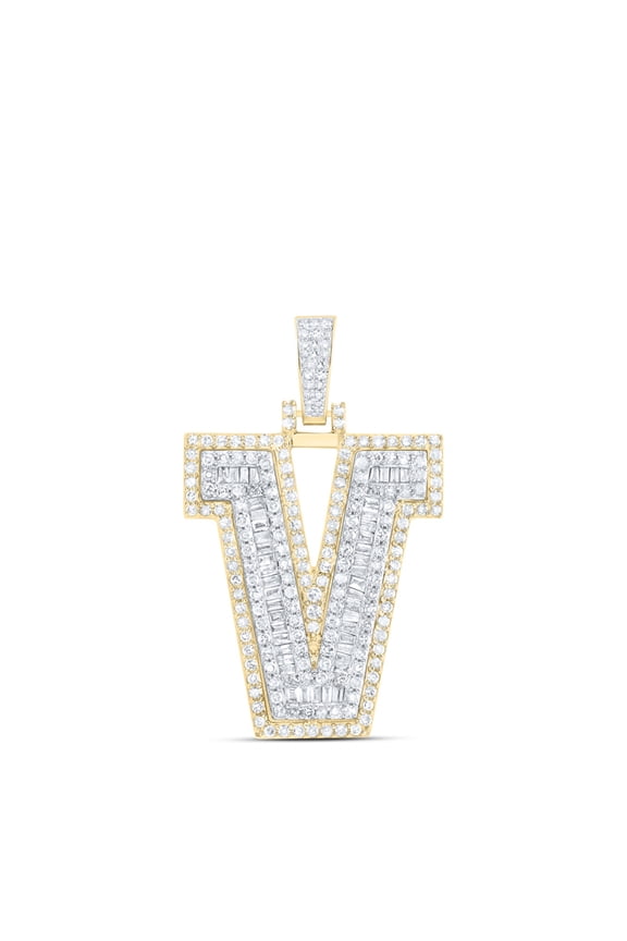 10K Yellow Gold Genuine Baguette Diamond Iced Out Letter V Initial Pendant 1 CT