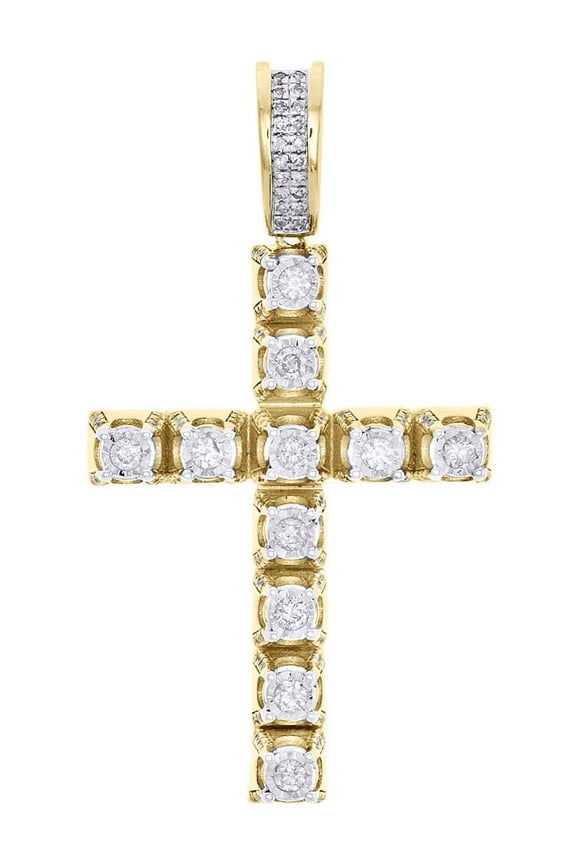 10K Yellow Gold Genuine Diamond 1 Row Prong Set Cross Pendant 1.8" Charm 3/4 CT.
